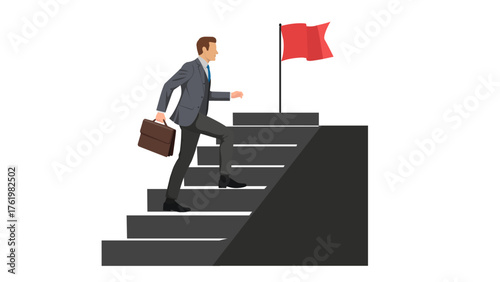 Businessman in suit climbing stairs with briefcase towards a red flag. Represents career growth, success, goals, challenges, and ambition in business