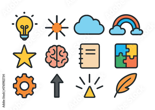 Colorful icons set with light bulb, sun, cloud, rainbow, and puzzle pieces