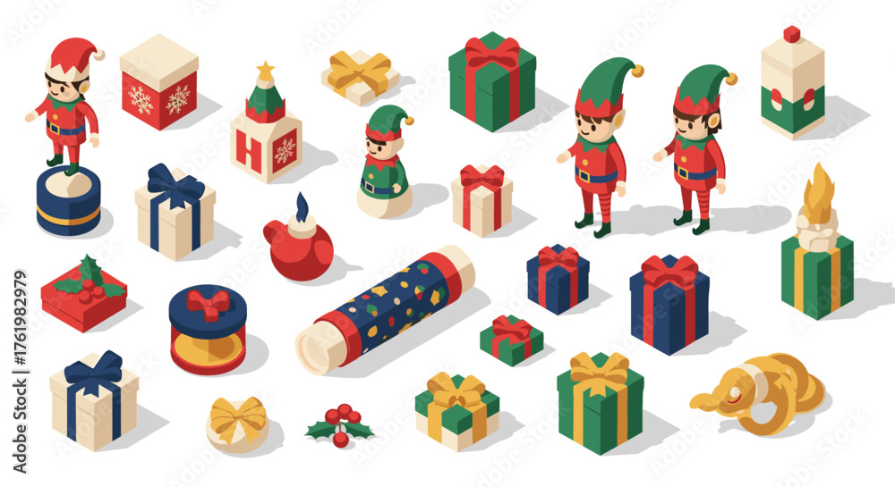 Fototapeta premium Festive isometric christmas elements with elves and presents for holiday design
