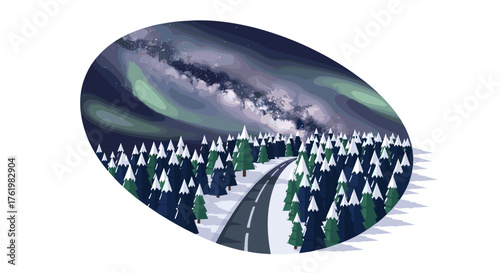 Scenic night sky with northern lights over snowy forest and winding road