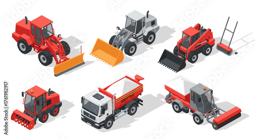 Comprehensive set of isometric construction and heavy machinery on white background