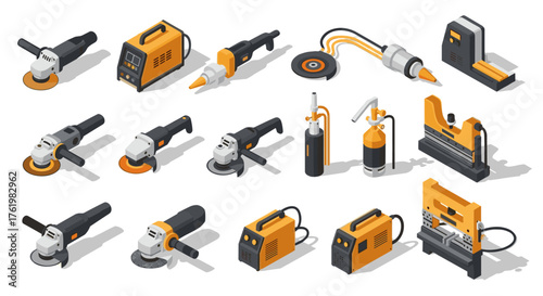 Comprehensive collection of industrial power tools in isometric design
