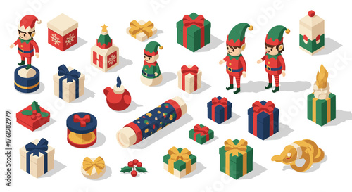 Festive isometric christmas elements with elves and presents for holiday design