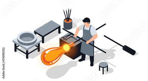 Isometric glassblowing artisan at work in studio setting with tools