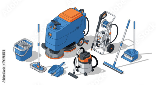 Comprehensive set of isometric cleaning equipment for professional maintenance