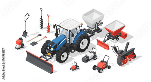 Modern farming equipment set with isometric tractor and tools