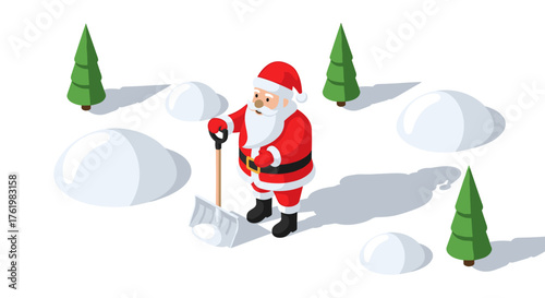 Santa claus shoveling snow in winter forest with evergreen trees and snowdrifts