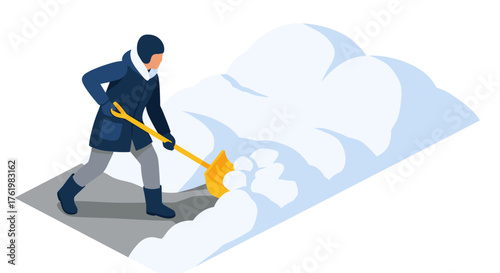 Isometric winter scene: person shoveling snow on a cold day