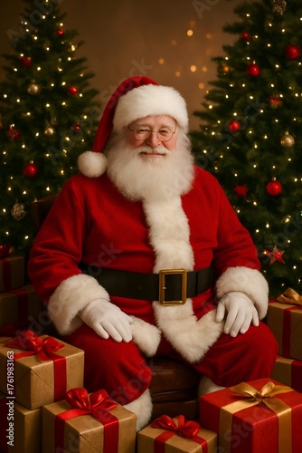 Santa Claus with Christmas gifts - A magical Merry Christmas night featuring Santa Claus riding his sleigh through a snowy winter sky. Sparkling snowflakes, glowing Christmas trees, and bright festive