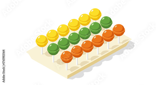 Isometric colorful lollipops display in neat rows on white background