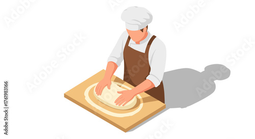 Baker kneading dough on wooden table in isometric style