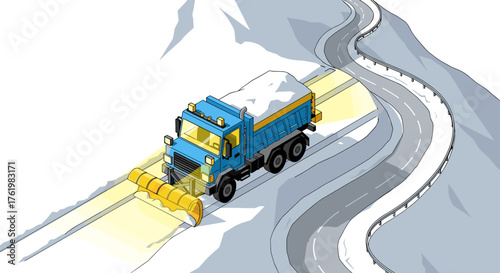 Snow plow truck clearing winding mountain road in winter weather
