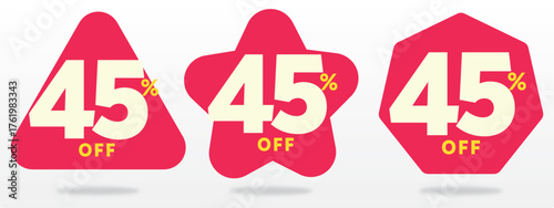 45% off, price, tag, label, offer, discount, abundance, sale, sticker, purchase, payment, value, percenl, label, market, shop, percent, promo, value. Vector, icon, template