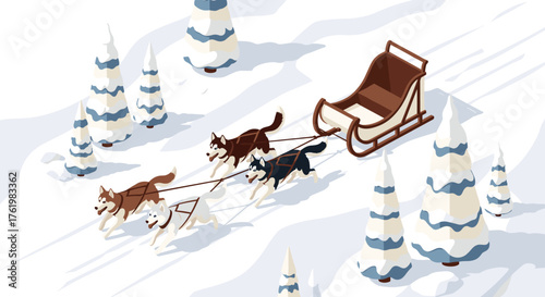 Isometric winter scene with huskies pulling sleigh through snowy forest