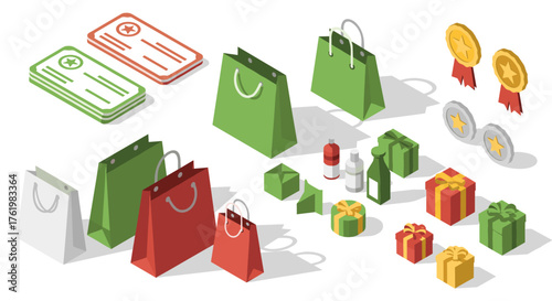 Isometric shopping bags and gift boxes with tickets and medals in holiday colors