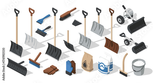 Winter snow removal tools and equipment in isometric 3d style