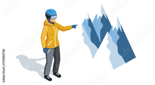 Isometric winter sports scene: snowboarder in gear pointing at mountain peaks