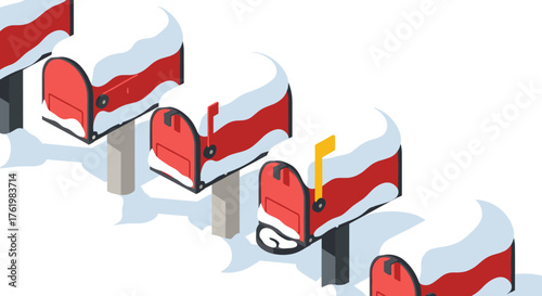 Isometric snow-covered red mailboxes in winter scene