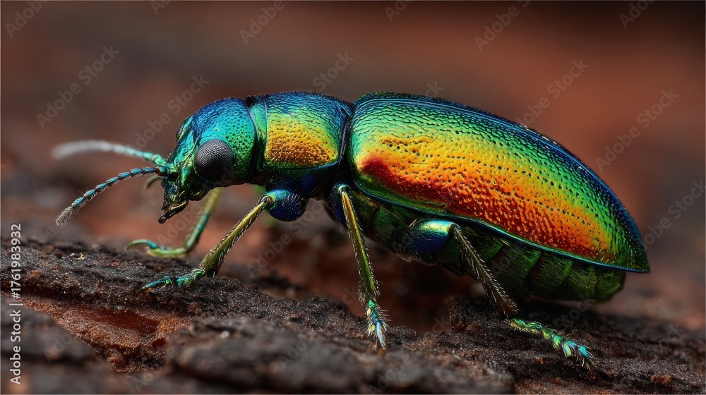 Naklejka premium Iridescent beetle on dark bark shows striking colours with a shallow depth of field