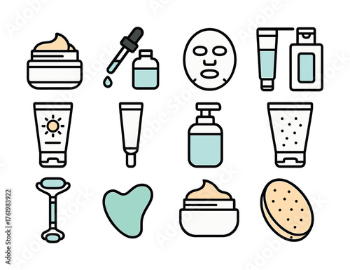 Skincare product icons: cream, serum, mask, sunscreen, roller, exfoliator
