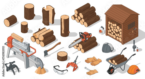 Lumberjack tools and woodworking equipment in isometric design