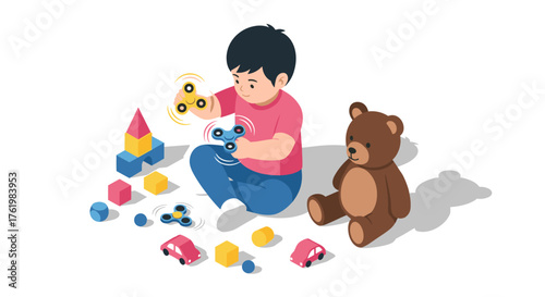 Child playing with fidget spinners and toys in a colorful isometric style