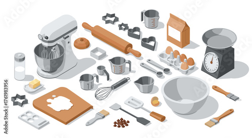 Isometric kitchen baking tools and accessories set for home cooks