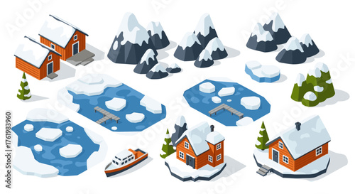 Winter wonderland in isometric perspective with snow-covered cabins and frozen lakes