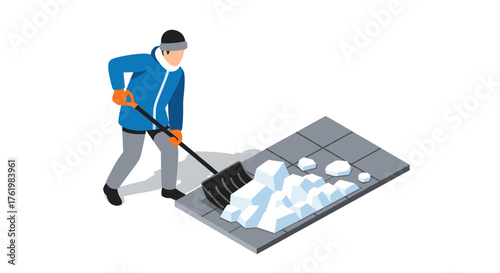 Isometric winter scene with person shoveling snow on pathway