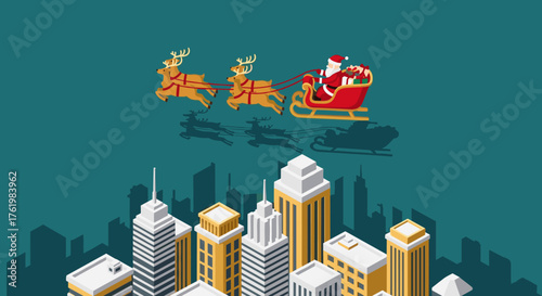 Santa's sleigh over winter city skyline in isometric design for festive season
