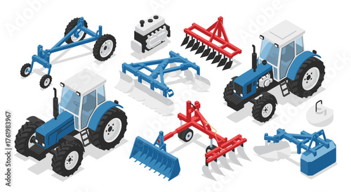 Isometric farm equipment: blue and red tractors with attachments