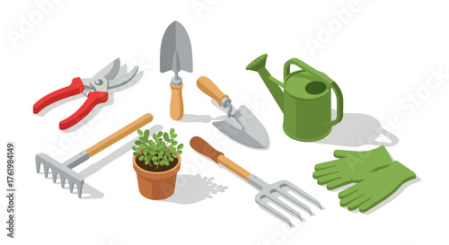Essential gardening tools in isometric style with potted plant and gloves