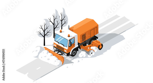 Isometric snow plow clearing road with winter trees