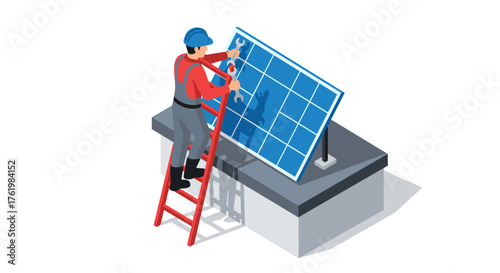 Isometric worker adjusting solar panel on roof for efficient energy setup