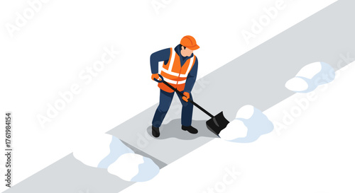 Isometric snow removal worker shoveling snow on path