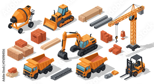 Construction equipment and materials collection in modern isometric style
