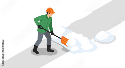 Isometric worker shoveling snow in winter attire