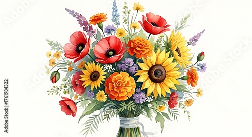Vibrant Bouquet of Sunflowers and Poppies in Watercolor Style.