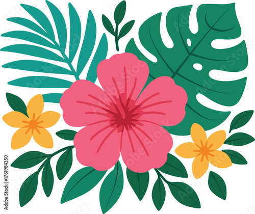 A bright tropical illustration featuring a pink hibiscus at the center framed by green monster leaves teal palm fronds and yellow flowers. Flat colors and bold outlines create a cheerful summery vibe