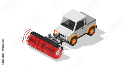 Isometric street sweeper with rotating brushes on white background