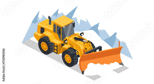 Isometric snowplow removing snow in mountainous terrain