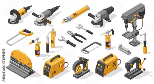 Isometric industrial tools set: grinder, welder, drill, saw, pliers, and more
