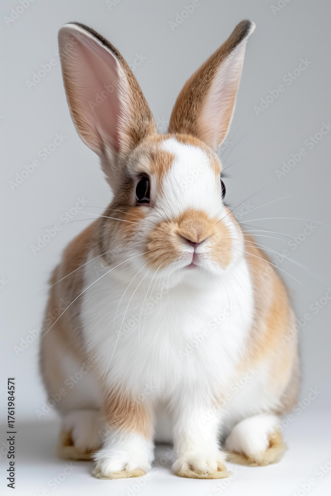 Obraz premium A beautiful fluffy rabbit with multi-colored spots on a light background