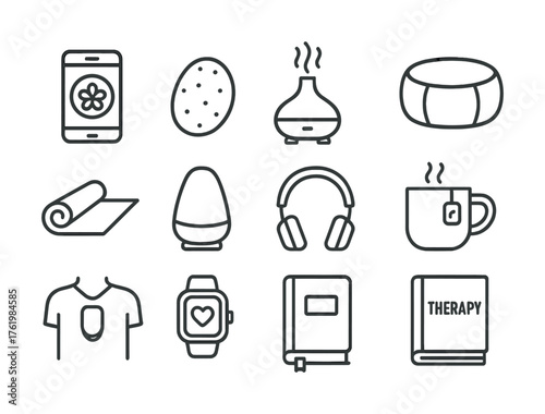 Wellness items outline icons set: essential oils, yoga mat, headphones, therapy book, smartwatch