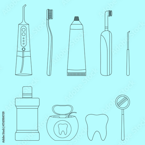 Outline dentistry elements oral hygiene tools toothpaste toothbrush irrigator mouthwash dental floss