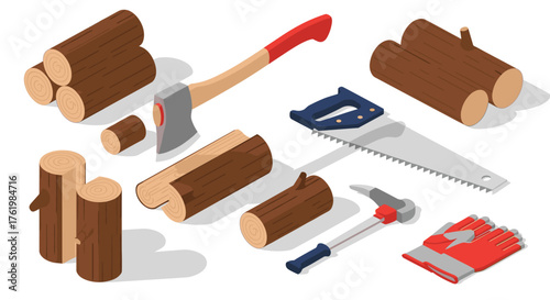 Woodworking tools and logs in isometric style