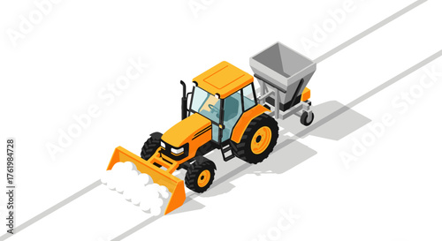 Isometric orange snow plow tractor on road with attached spreader