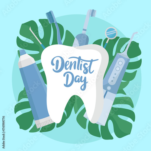 Dentist day card oral hygiene tools toothbrush toothpaste irrigator mouthwash dental floss