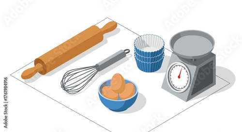 Isometric baking tools: whisk, eggs, rolling pin, scale, and cupcake liners