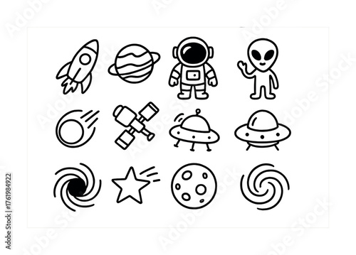 Space icons: rocket, astronaut, alien, planets, ufo, galaxy, star, moon